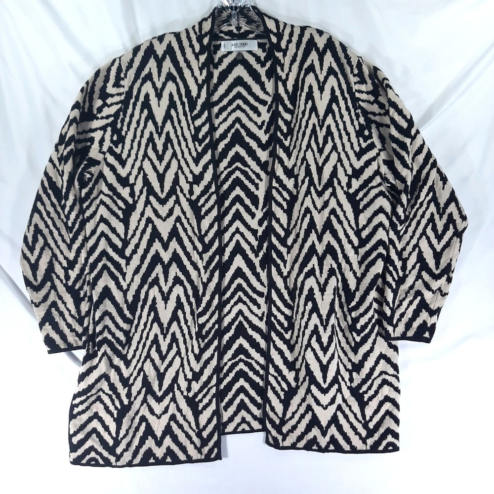 Jones Studio Separates Womens 1X Open Front Cardigan Black Beige Chevron Zig Zag
